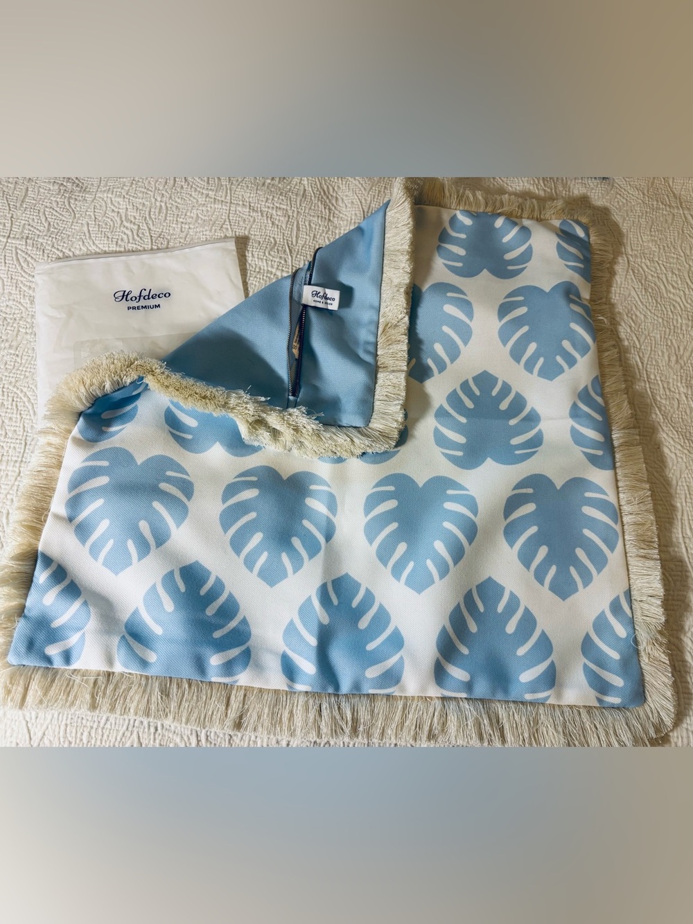 Hofdeco Premium Coastal Monstera Leaf Pillow Cover with fringe - Baby Blue 20x20